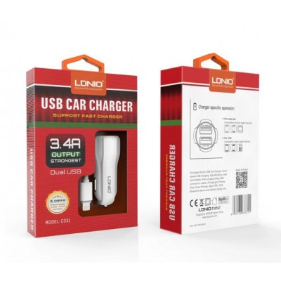 Автомобильное зарядное устройство 5V 3,4A Dual USB F+Cable (Iphone S6)